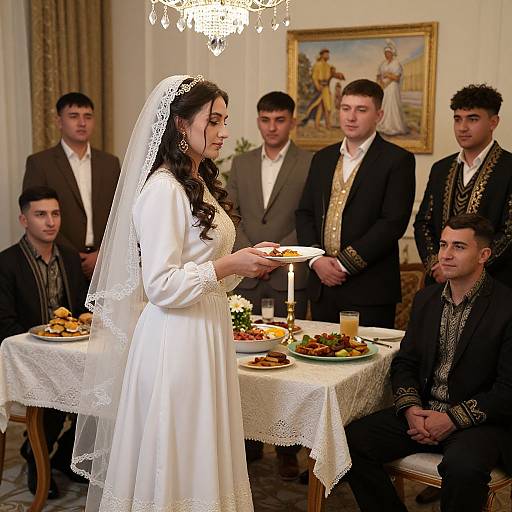 Photograph of a bride in white wedding dress with veil, serving food to groomsmen in formal black attire in an elegant room. Chandelier,