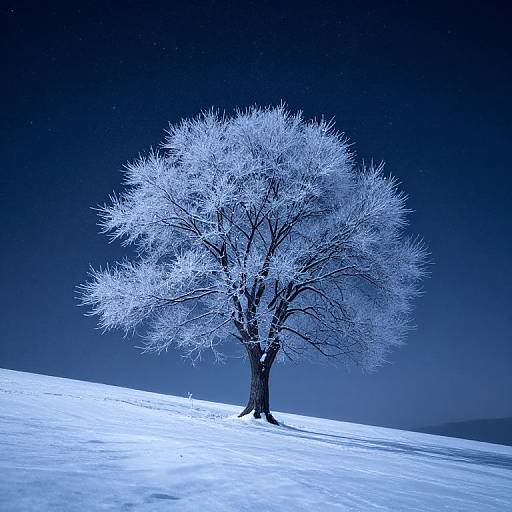 Photograph of a solitary, snow-covered tree with frost-laden branches, illuminated by moonlight, standing on a gently sloping snowy hill under a