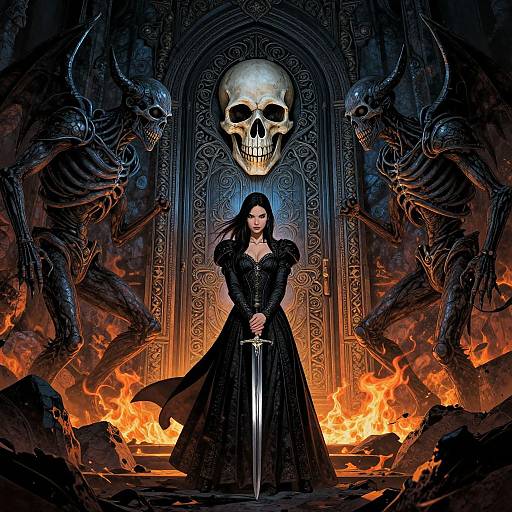 Digital artwork: Dark Gothic scene with a black-haired woman in a long, ornate black dress, holding a sword, flanked by skeletal demons,