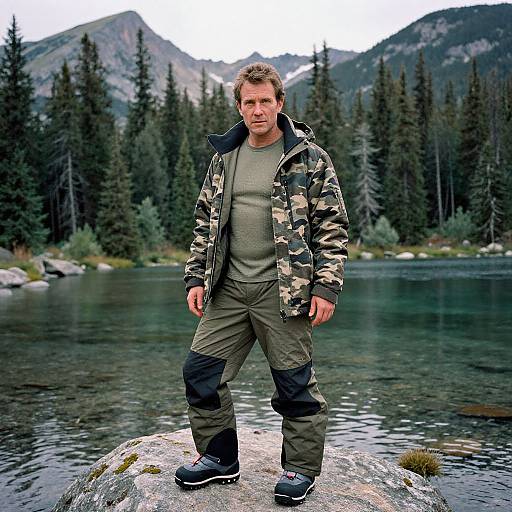 Photograph of a middle-aged man with short brown hair, wearing a camouflage jacket, green shirt, and khaki pants, standing on a rock by