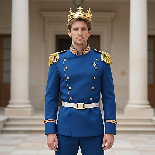 Photograph of a handsome young man with light skin and brown hair, wearing a royal blue military uniform with gold epaulettes, white belt,