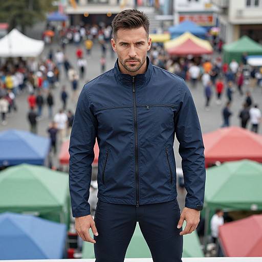 Photograph of a serious, fit, white man with short brown hair wearing a navy jacket and black pants, standing in a busy outdoor market with colorful