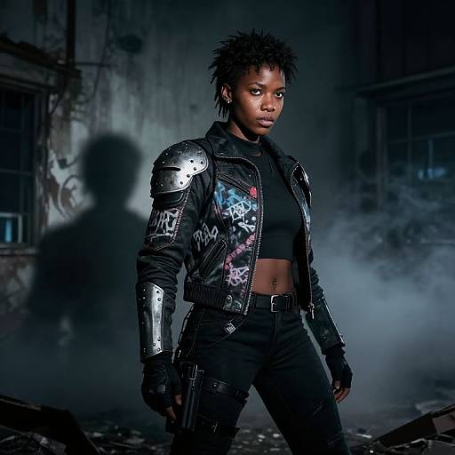 Photograph of a confident Black woman with short, spiky hair, wearing a black leather jacket with metallic armor patches, black crop top, and jeans
