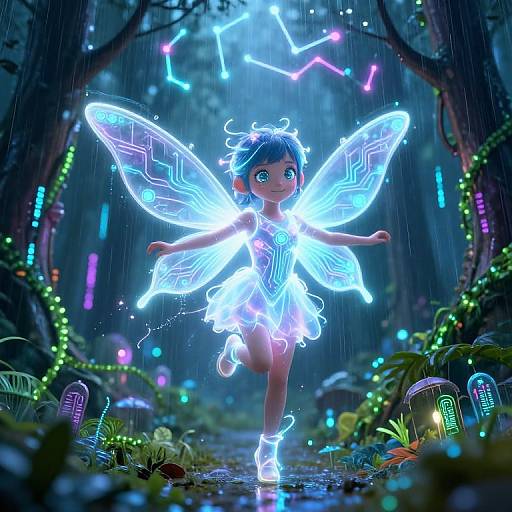 Digital illustration of a glowing blue fairy with neon wings, floating in a rainforest illuminated by colorful bioluminescent lights.