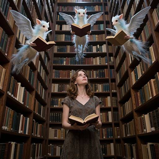 Photograph of a woman with wavy brown hair in a lace dress, standing in a library, surrounded by four white, winged, book-