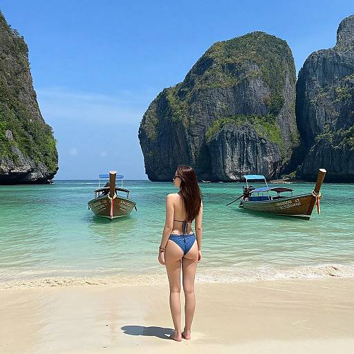 Photograph of a woman in a blue bikini standing on a sandy beach, facing three traditional Thai long-tail boats near towering limestone cliffs under a clear