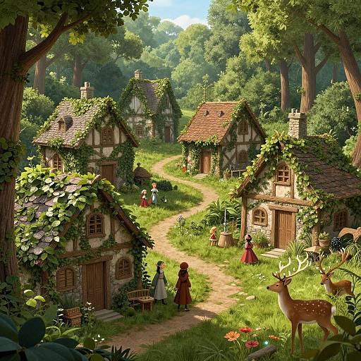 Enchanting digital illustration of a sunlit forest village with ivy-covered cottages, winding path, children in red dresses, deer, and lush