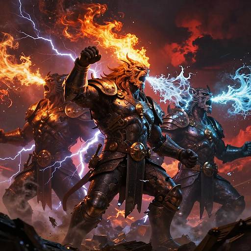 Digital artwork of two muscular, armored warriors with fiery and electrified manes, clashing in a stormy, lightning-filled, red and black sky