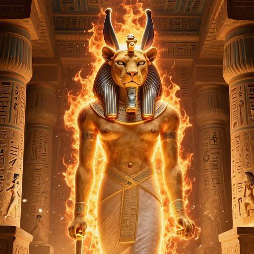 Digital artwork of a fiery, anthropomorphic lion-headed deity with Egyptian hieroglyphs, black striped headdress, and gold jewelry, standing between orn
