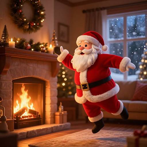 Photograph of a festive, animated Santa Claus mid-jump in a warmly lit living room with a roaring fireplace, Christmas tree, and snow outside the
