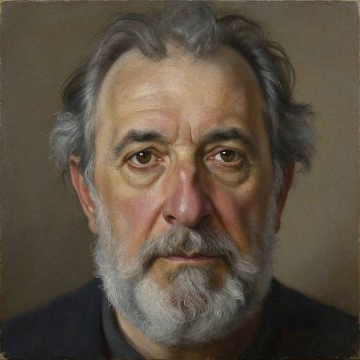 Photorealistic digital portrait of an older man with gray hair, white beard, brown eyes, and subtle smile, against a neutral brown background.