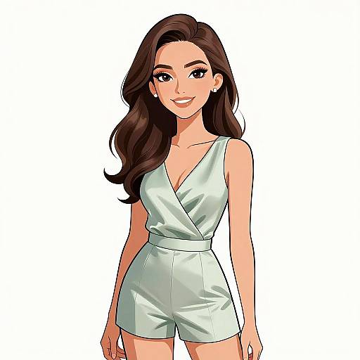 Digital anime-style drawing of a smiling woman with long brown hair, wearing a white V-neck romper, standing against a plain white background.