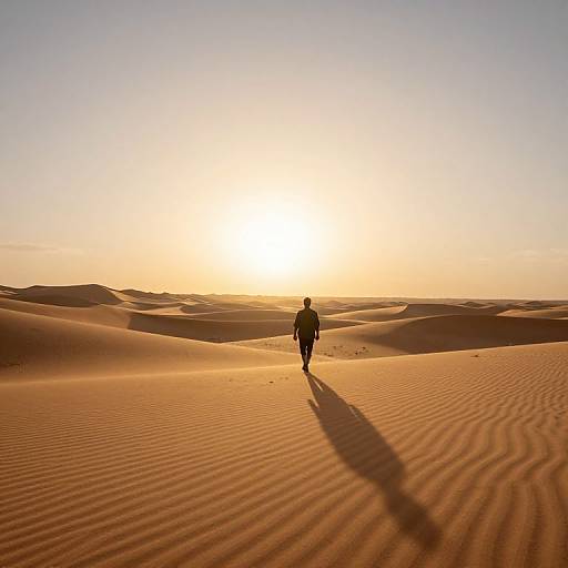 Photograph of a solitary figure walking across rippled sand dunes at sunset, casting a long shadow, with a bright golden sky.