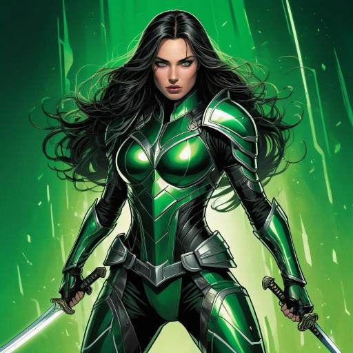 Warrior Woman in Green Armor with Swords