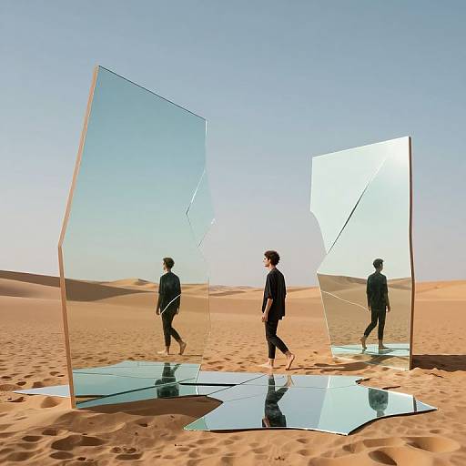 Photograph of two men in black suits walking through a desert, surrounded by fragmented, reflective glass panels under a clear blue sky.