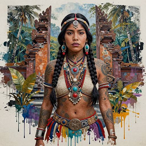 Photograph-style digital artwork of a tattooed, dark-skinned woman with braids, wearing a beaded bikini top, colorful skirt, and intricate