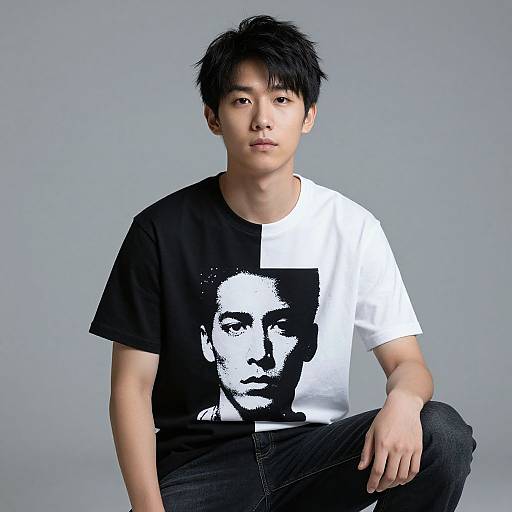 Photograph of an Asian man with short black hair, wearing a black-and-white split T-shirt with a monochrome face print, sitting against a gray