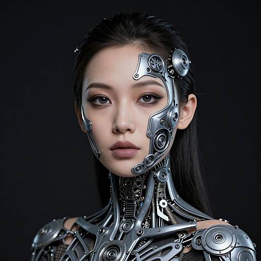 Digital artwork of a beautiful Asian woman with cybernetic facial and neck enhancements, featuring metallic gears and circuits against a dark background.