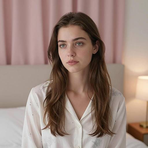 Young Woman Sitting on Bed with Neutral Expression
