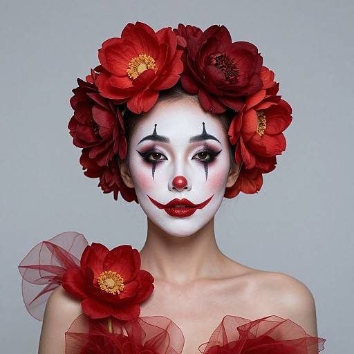 Photograph of a white-faced clown with red flowers in her hair and dress, black makeup, red lips, and a pale background.