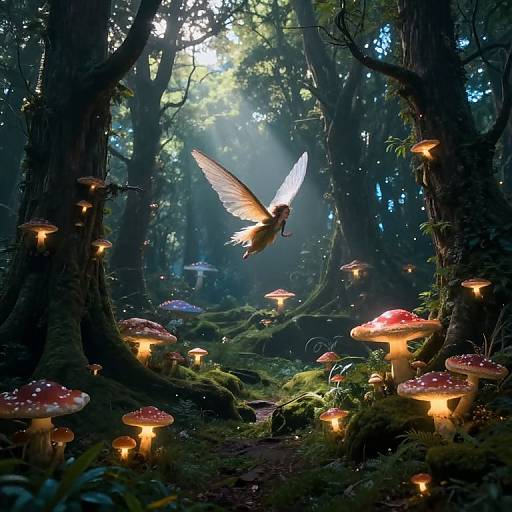 Whimsical forest scene: glowing mushrooms, fairy-like bird with illuminated wings, misty sunlight filtering through trees, lush greenery, magical, eth