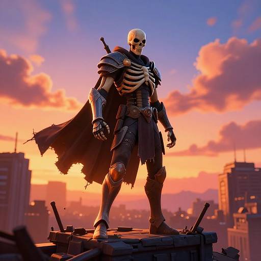 CGI image of a skeletal warrior with armor and cape, standing on a rooftop at sunset, city skyline in background.