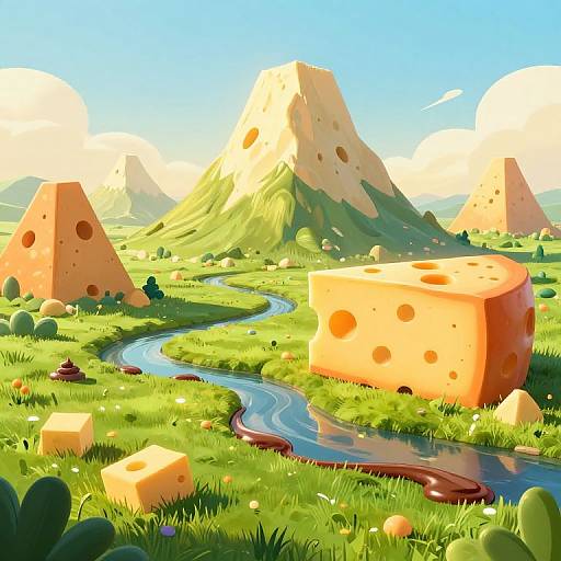 Whimsical digital art of a cheese-themed landscape with large, orange cheese blocks, holes, and a winding blue river, under a bright blue sky
