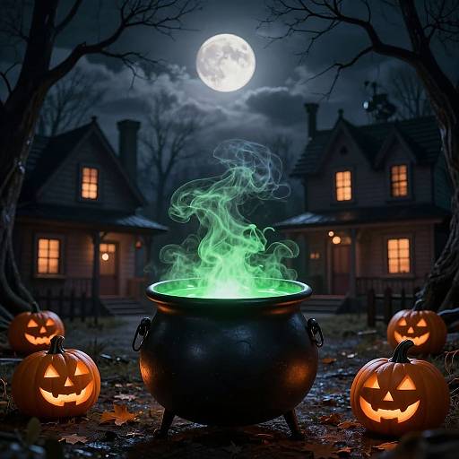 Photograph of a glowing green cauldron under a full moon, surrounded by carved jack-o'-lanterns, in front of a spooky,