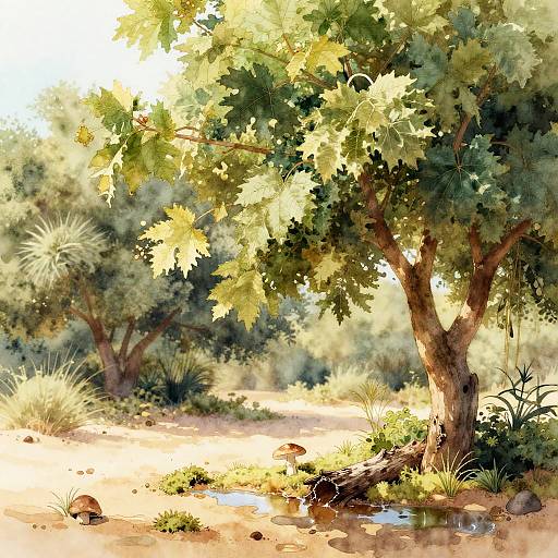 Watercolor Desert Oasis Landscape