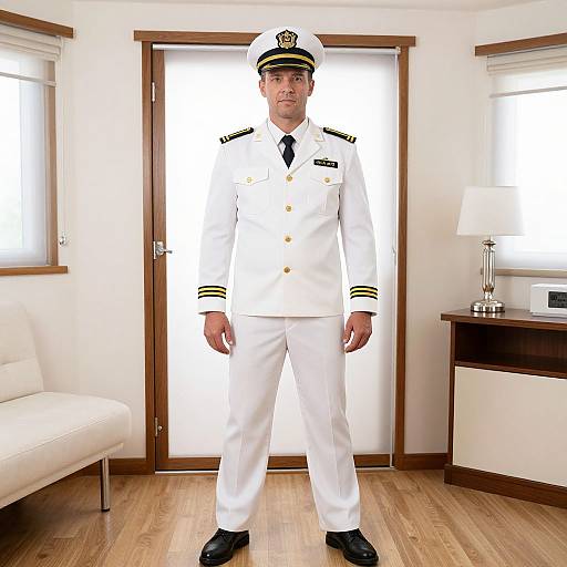 Photograph of a middle-aged male naval officer in white uniform, standing in a brightly lit room with wooden floor, white walls, and a white couch