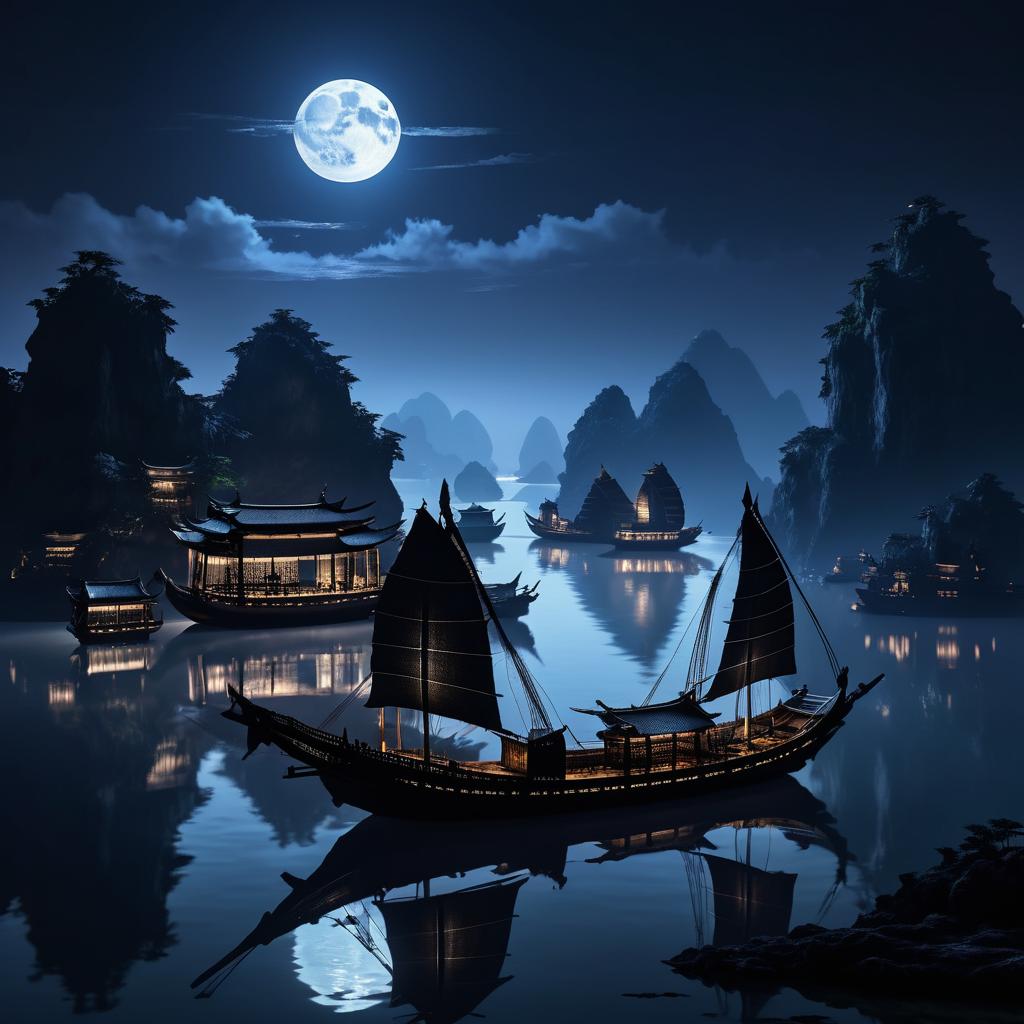 Moonlit Ancient Chinese Rice Junk Scene