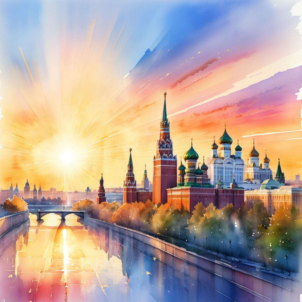 Moscow Skyline at Sunset in Watercolor