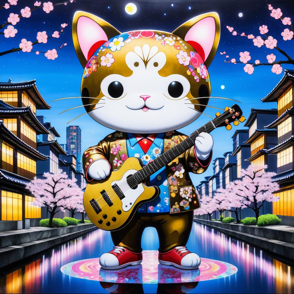 Giant Cat Guitarist in Urban Cherry Blossoms