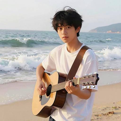 Boy Playing Guitar on Beach at Dawn