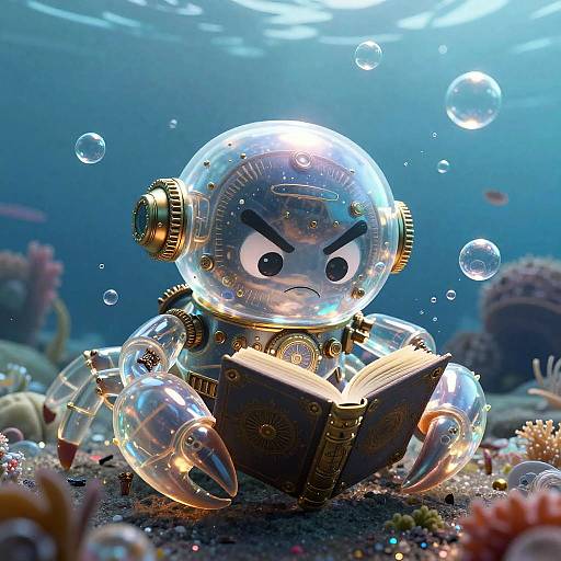 Photorealistic CGI of a steampunk octopus robot with a transparent dome, scowling eyes, reading a book underwater, surrounded by bubbles
