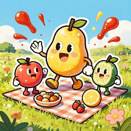 Lively Cartoon Fruit Picnic Scene