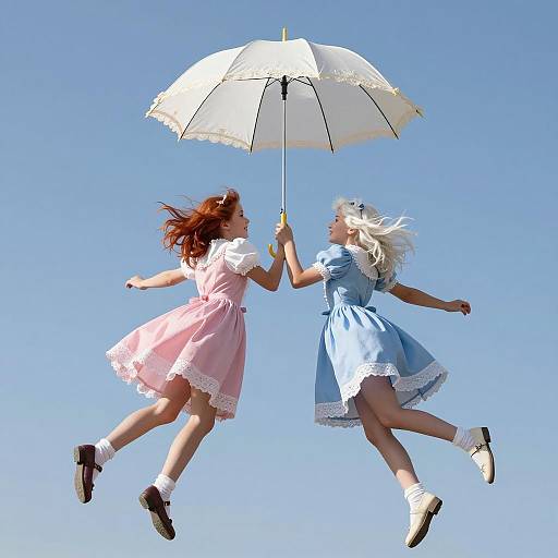 Whimsical Girls Falling with Umbrella