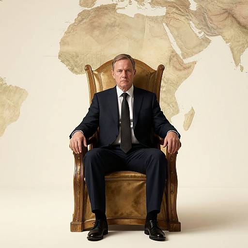 Photograph of a serious middle-aged man in a black suit and tie, seated on a large, ornate wooden throne against a textured, beige wall