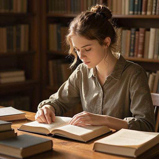 Photograph of a young woman with fair skin and brown hair in a bun, wearing a gray button-up shirt, reading a book in a sunlit