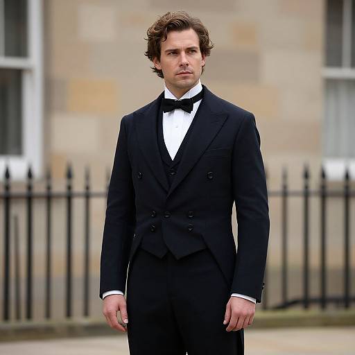 Photograph of a young man with wavy brown hair, wearing a black tuxedo with a white shirt and black bow tie, standing outdoors in