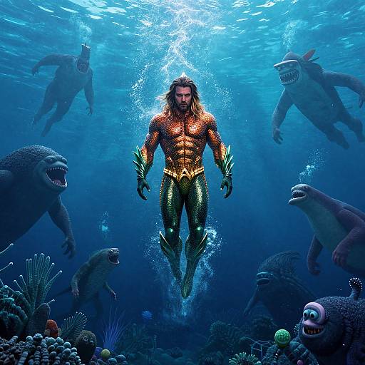 Photorealistic CGI of a muscular merman with orange and green scales, long hair, and webbed hands, swimming underwater surrounded by shark-like creatures