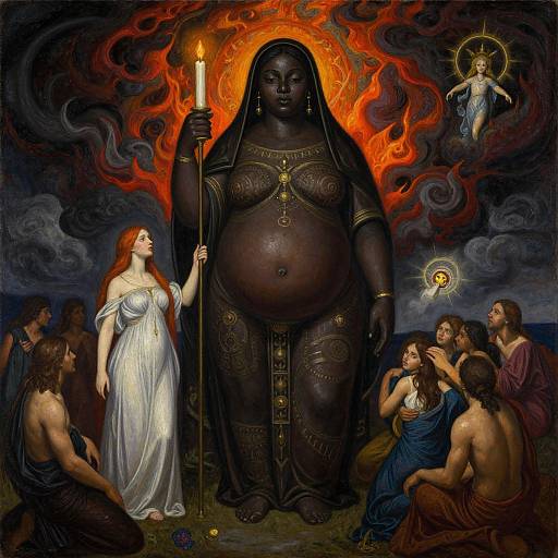Digital painting of a dark-skinned, obese deity with a torch, surrounded by adoring figures, red-orange flames, and a glowing haloed woman