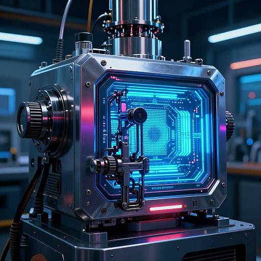 Photograph of a futuristic, glowing blue, metal-encased robotic device with intricate wiring and controls, set in a dimly lit industrial workshop.