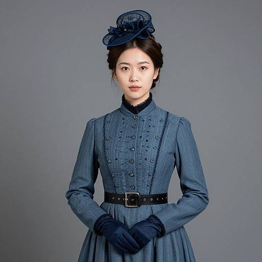 Realistic Victorian Woman in Blue Headwear