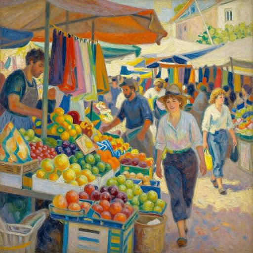 Vibrant impressionist painting of a bustling outdoor market with colorful fruit stalls, shoppers, and umbrellas under bright sunlight.