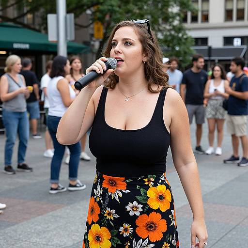 Photograph of a young woman with fair skin and brown hair, wearing a black tank top and orange floral skirt, singing into a microphone in a bustling