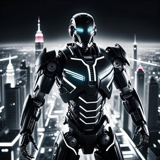 Futuristic Robot Standing in Neon Cityscape