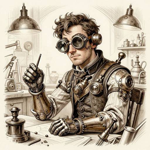 Digital drawing of a steampunk inventor with mechanical arms and goggles, smoking a pipe in a cluttered workshop with hanging lamps.