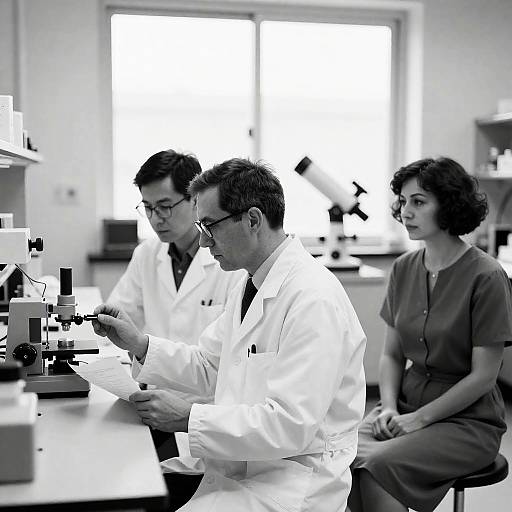 Black and White Laboratory Scene with Three People