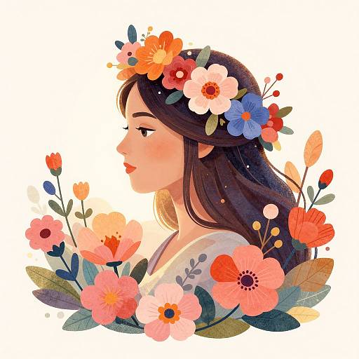 Digital illustration of a fair-skinned woman with long brown hair, adorned with colorful flowers, in profile, surrounded by vibrant flowers and leaves.